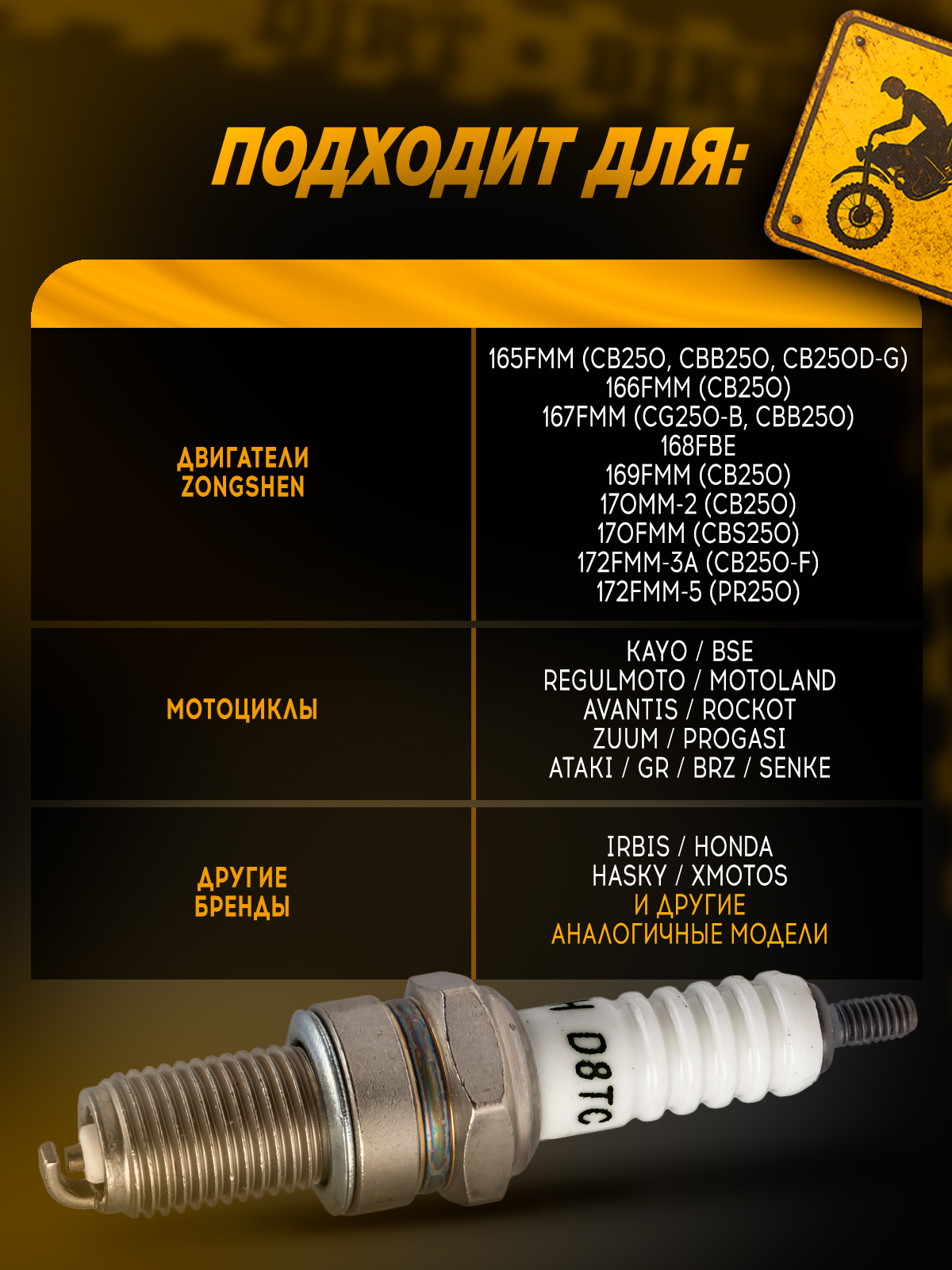 Свеча зажигания D8TC TORCH для двигателей Zongshen 165-172